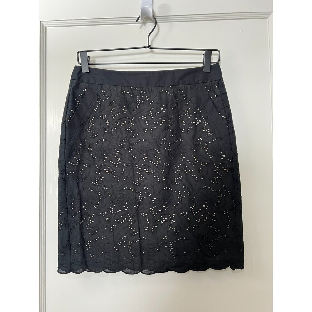 Ann Taylor LOFT Black Beige Eyelet Scallop Hem Skirt Pockets Women's 2 Petite